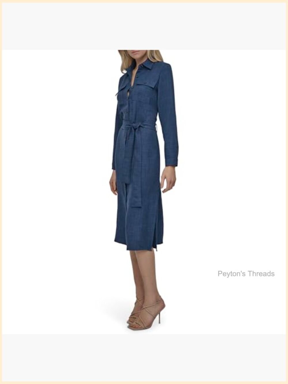 Long Sleeve Collared Tie Waist Midi Shirtdress with Pockets - Picture 3 of 6